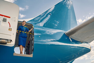 Joyous pretty dark-haired stewardess standing in the open aircraft doorway