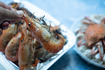 Hand holding of Thai grilled prawns shrimps in the shell