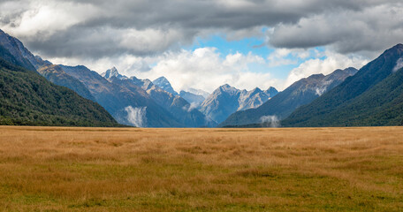 Field and mountains in New Zealand