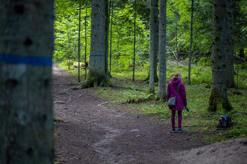 Lost girl walking in her dog in Omberg woodlands, Sweden