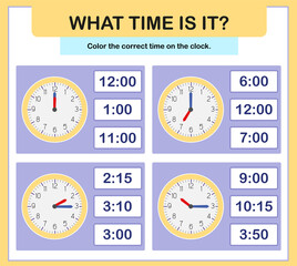 24 hour learning time. Educational activities worksheet for preschool. At the hour and a half hour, learning the clock, what time is it