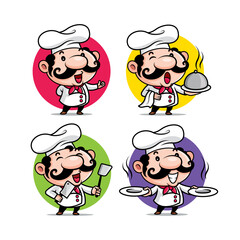 Collection of big moustache chef holding kitchenware with different cooking poses. Vector character set