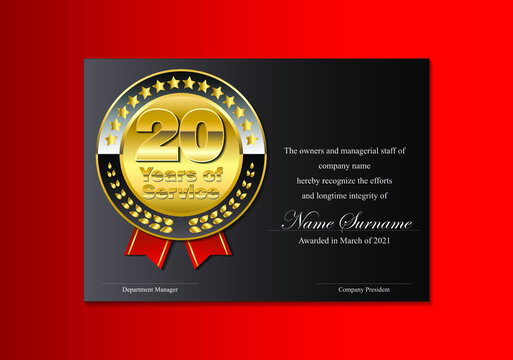 recognition certificate, serving the company for 20 years.
