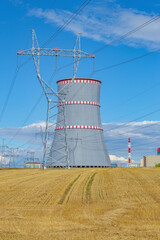 Picturesque view of the nuclear power plant and high-voltage line in Ostrovets, Belarus