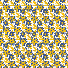 Floral doodle style blue yellow seamless pattern. Hand drawn simple abstract Flowers and Leaves. Summer season, vintage vector  background, texture for print, textile, fabric, wrapping, invitation