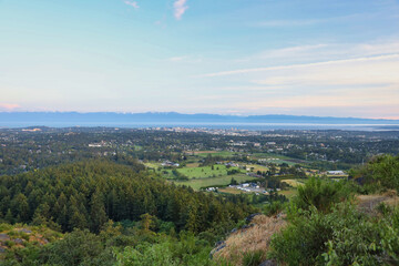 Panoramic view of the city of Victoria B.C., Canada looking out towards Washington State. 