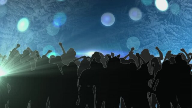 Digital animation of spots of light against silhouette of people dancing against blue background