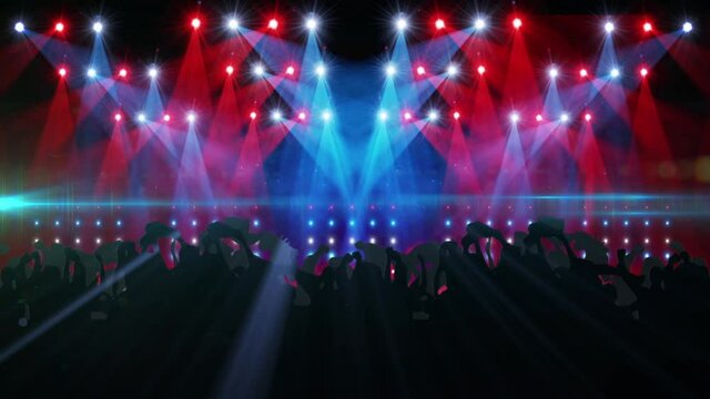 Digital animation of colorful shining lights over silhouette of people dancing