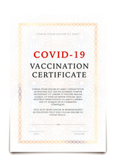 COVID-19 vaccination certificate, vertical template design on white