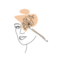 Face line art, stylized portrait of a girl applying makeup with fancy patterns, flowers and an abstract spot on the background