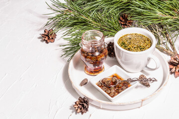 Pine needle tea, sollip-cha, traditional Korean beverage with pine cone jam