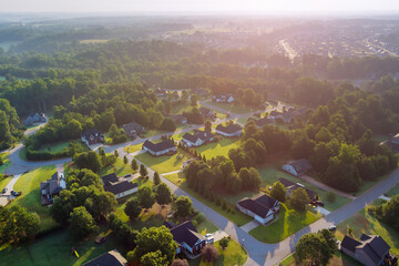 Aerial view on the Boiling Springs town of a small town residential streets roofs the houses landscape in South Carolina US