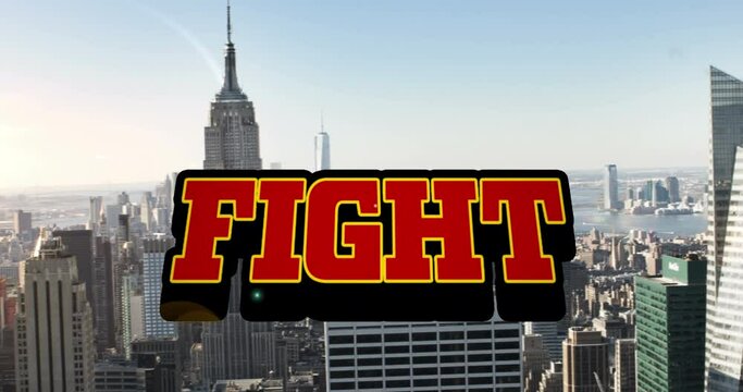 Digital animation of fight text over retro speech bubble against aerial view of cityscape