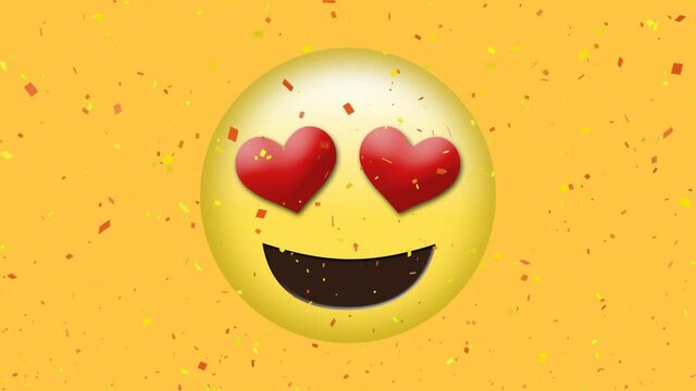 Digital animation of confetti falling over heart eyes face emoji on yellow background