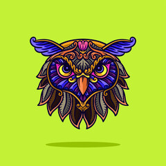Owl head ornament illustration with lines and colors, vector illustration