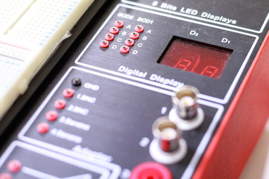 Two digits seven segment display with BCD decoder on experiment kit in laboratory