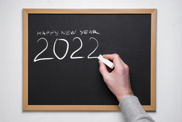 Hand holding chalk on blackboard. The inscription on the school blackboard. Happy new year 2022.