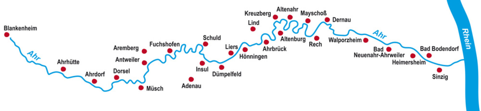 Ahrtal Landkarte, Karte mit Ortschaften, RLP, Weinanbaugebiet, Radweg, Wanderweg, Tourismus