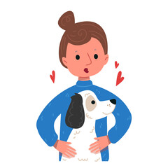 Cute cartoon girl and dog. A young retriever with a black ear. Vector illustration in children s style. Isolated funny clipart on a white background. Cute woman and pet mistress print