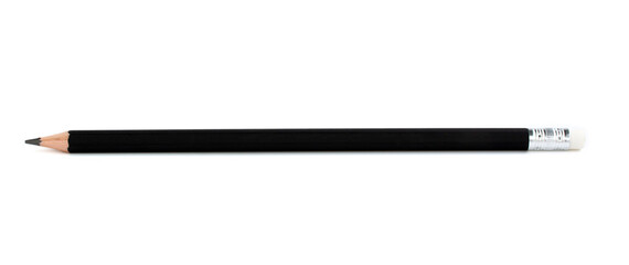 Close-up of black wooden pencil with eraser and pointed tip isolated on white background.