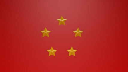 Five Gold stars 3d render on red background