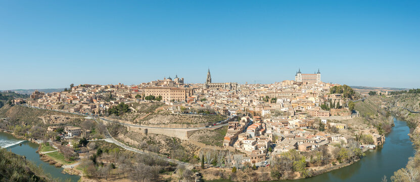 Panoramic image of the medieval city of Toledo with the Tagus river surrounding it