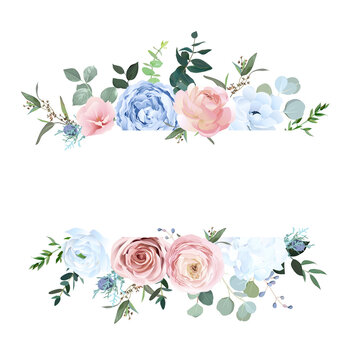Dusty blue and pale blush rose, white hydrangea, ranunculus, eucalyptus