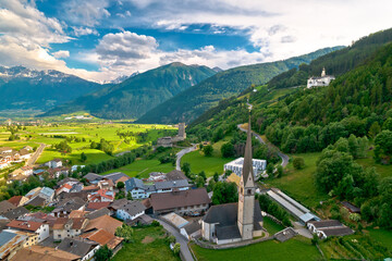 Alpine village of Burgeis and historic castles view