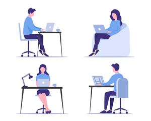 Work and study at home concept. Office work. Colored vector flat illustration. A person with a laptop. Isolated on white background. 