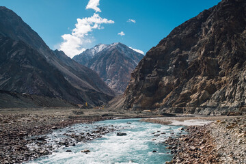 mountain and river and blue sky in Leh Ladakh, India