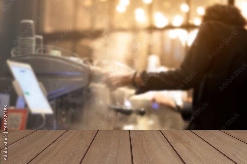Poster wooden display table coffee shop scene concept of displaying products in the room