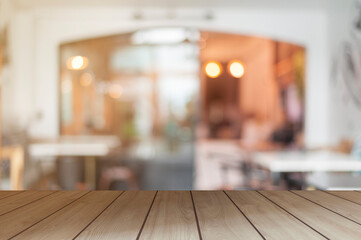 wooden display table coffee shop scene Concept of displaying products in the room