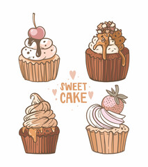 Set of hand-drawn illustrations, vector graphics. Cupcake with cherries, strawberries, cream, chocolate ganache, caramel. Beautifully decorated holiday desserts. Sweet cupcake lettering and pastries.