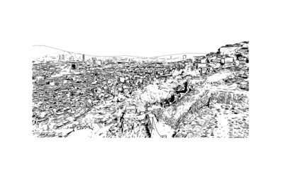 Building view with landmark of İzmir is the 
city in Turkey. Hand drawn sketch illustration in vector.
