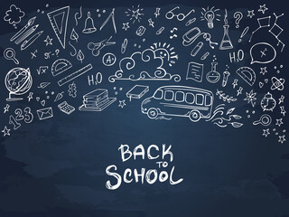 Back to School banner on chalkboard. Doodles icons of education, science objects, office supplies and lettering Back to School on chalckboard. Vector illustration.