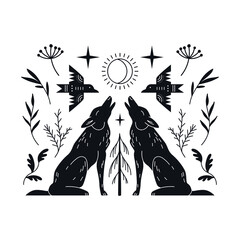 Black and white vector illustration of two wolves howling at the moon. © ekaterinarb