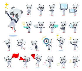 スマートフォンなどのデジタル機器を持つパンダの男の子のセット