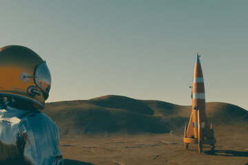Astronaut in the spacesuit looking at the rocket © Vidal Escalante Perez/Wirestock