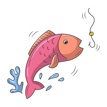 fish and fishing line Colored vector illustration with simple hand drawn sketching style