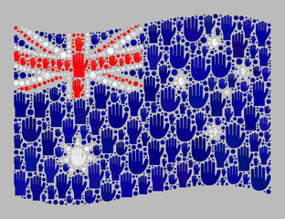 Mosaic waving Australia flag constructed with upwards election palm elements. Vector political collage waving Australia flag organized for official projects.