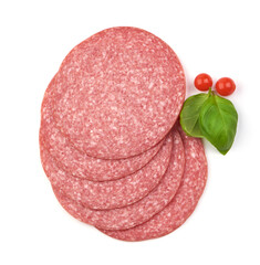 Traditional salami slices, Isolated on white background, Close-up.