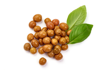 Pickled Arbequina Olives, close-up, isolated on white background.