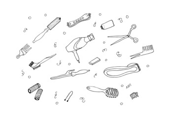 A set of hairdressing equipment. Doodle composition. Hand-drawn hair dryer, comb, curlers, scissors, clipper, illustration converted to vectors.