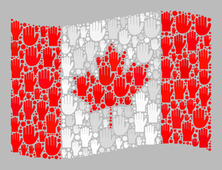 Mosaic waving Canada flag designed with raised election arm items. Vector political mosaic waving Canada flag created for support advertisement. Canada flag collage is designed with solution hands.