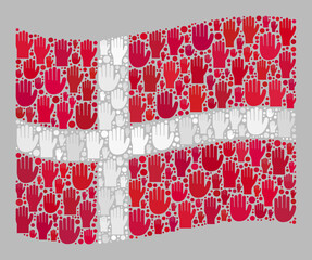 Fototapeta na wymiar Mosaic waving Denmark flag constructed of upwards support palm items. Vector political mosaic waving Denmark flag created for support wallpapers. Denmark flag collage is designed from selection hands.
