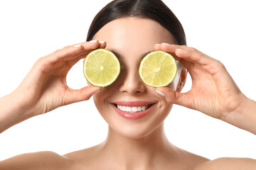 Funny young woman with lime on white background