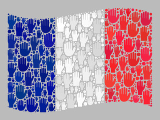 Mosaic waving France flag constructed with raised voting hand elements. Vector political mosaic waving France flag created for support applications. France flag collage is created from agree hands.