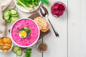 Traditional Lithuanian chilled soup made of beetroot, fresh herbs, potatoes, cucumber and kefir.