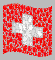 Mosaic waving Swiss flag designed of upwards choice palm items. Vector poll collage waving Swiss flag designed for support applications. Swiss flag collage is done with electoral palms.