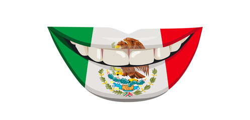 The flag of Mexico on the lips. A woman's smile with white teeth. Vector illustration.